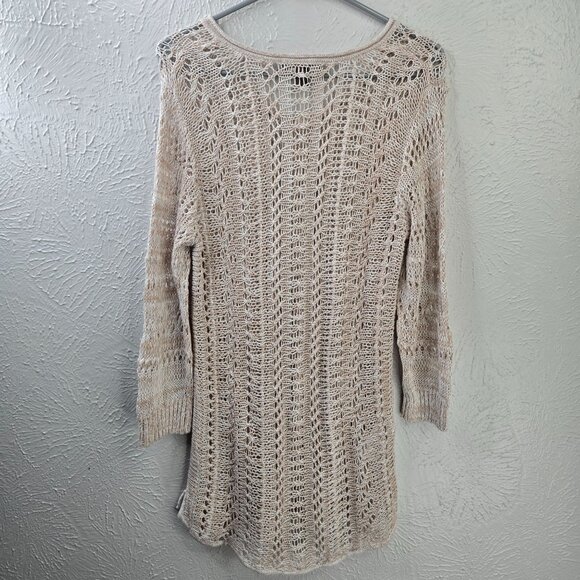 Tommy Bahama Tunic Top Open Knit Crochet M Tan Linen Minimalist Cover Up V Neck - Picture 6 of 12